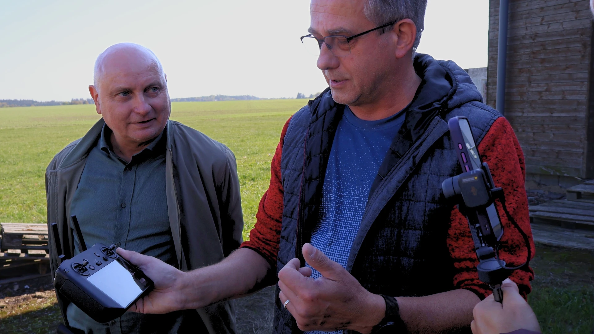 Frantisek Kumhala and Josef Nechvile from the Guardians project show the Phito team their technology - drones to optimise farm labour.